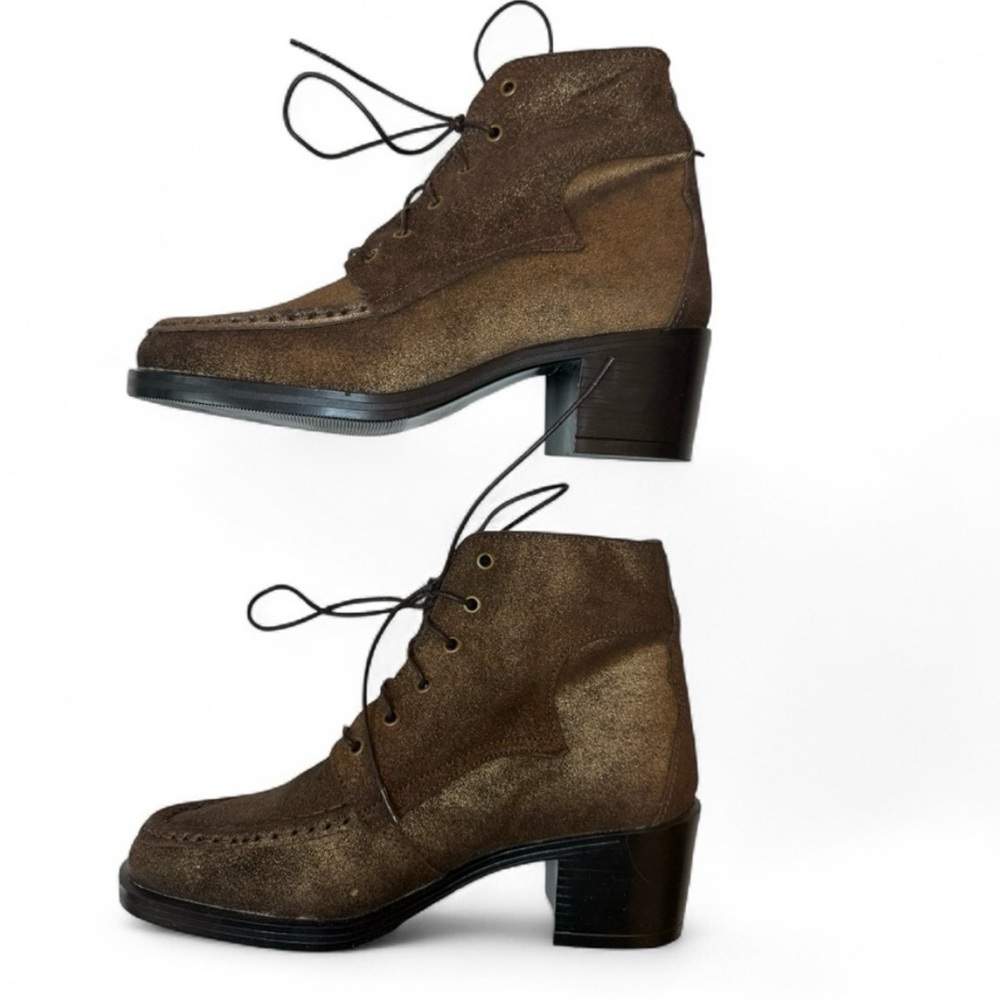 Scruples Lace Up Ankle Boot Moc-toe Metallic Distressed Bronze Gold Western Sz 8 - Picture 3 of 9
